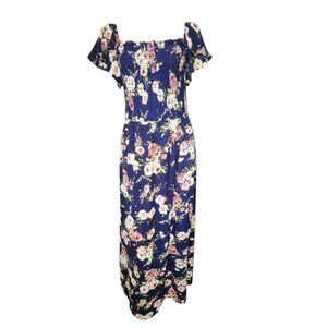 Monteau Dress Womens Plus Size 2X Blue Floral Smocked Maxi Long Pullover Flowy